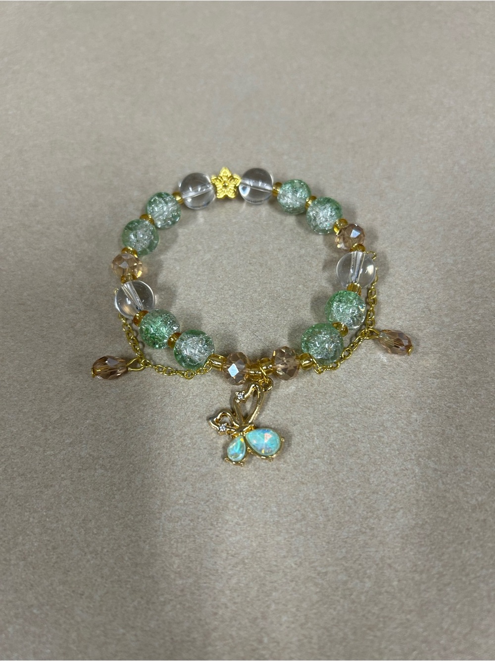 Butterfly Charm Beaded Bracelet - Green & Clear
